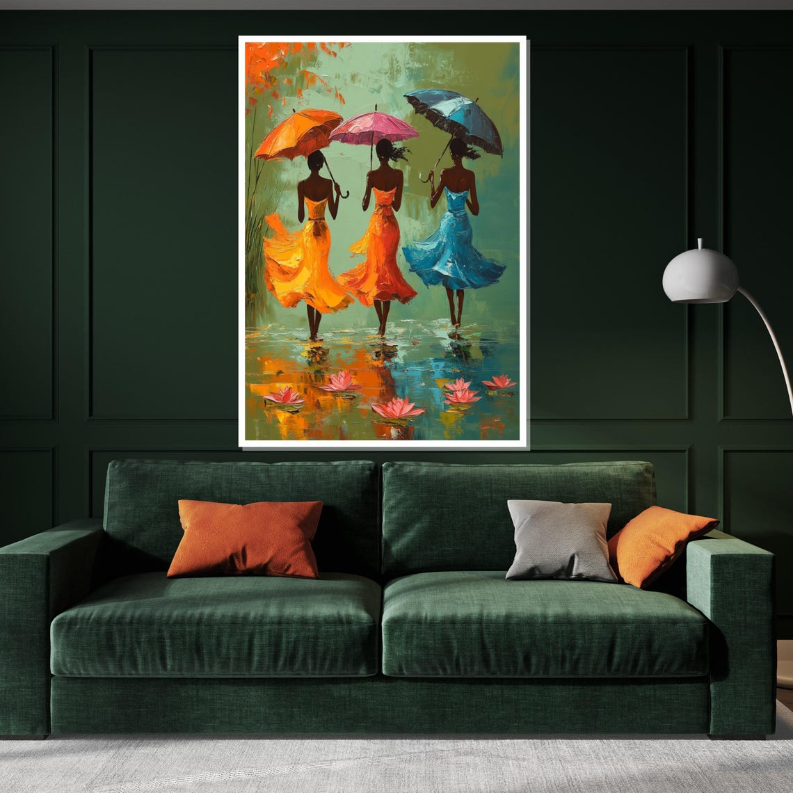 Three Women Colorful Umbrellas Lotus Water Strolling Rain Art Poster - Image 3