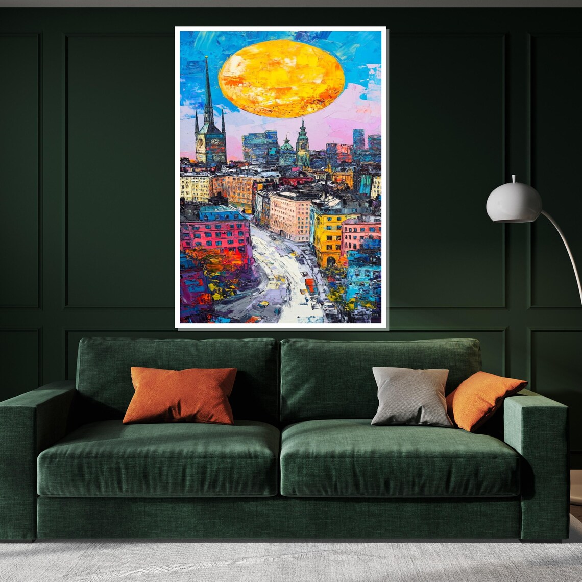Colorful Cityscape Big Yellow Sun Church Spire Urban Art Poster - Image 3