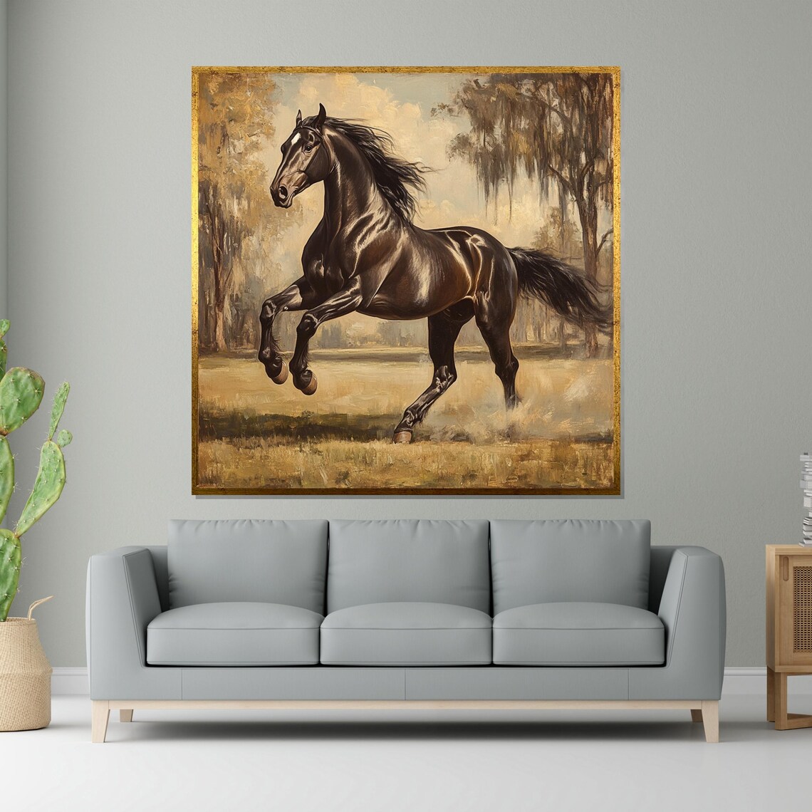 Black Stallion Golden Meadow Classic Equestrian Oil Style Print
