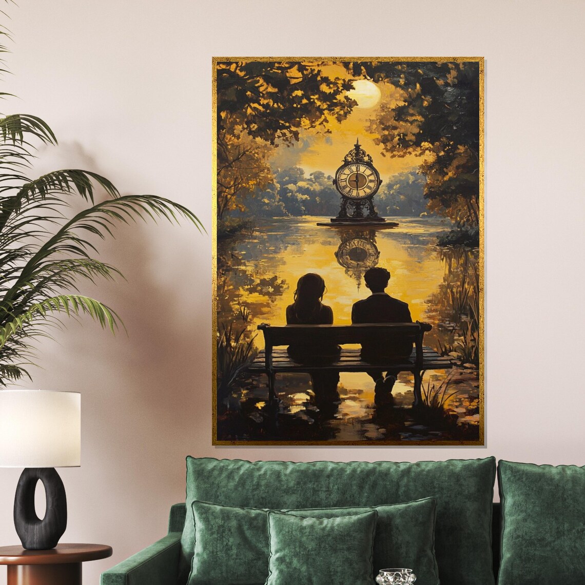 Romantic Couple Watching Golden Clock on Lake Dreamy Sunset Poster