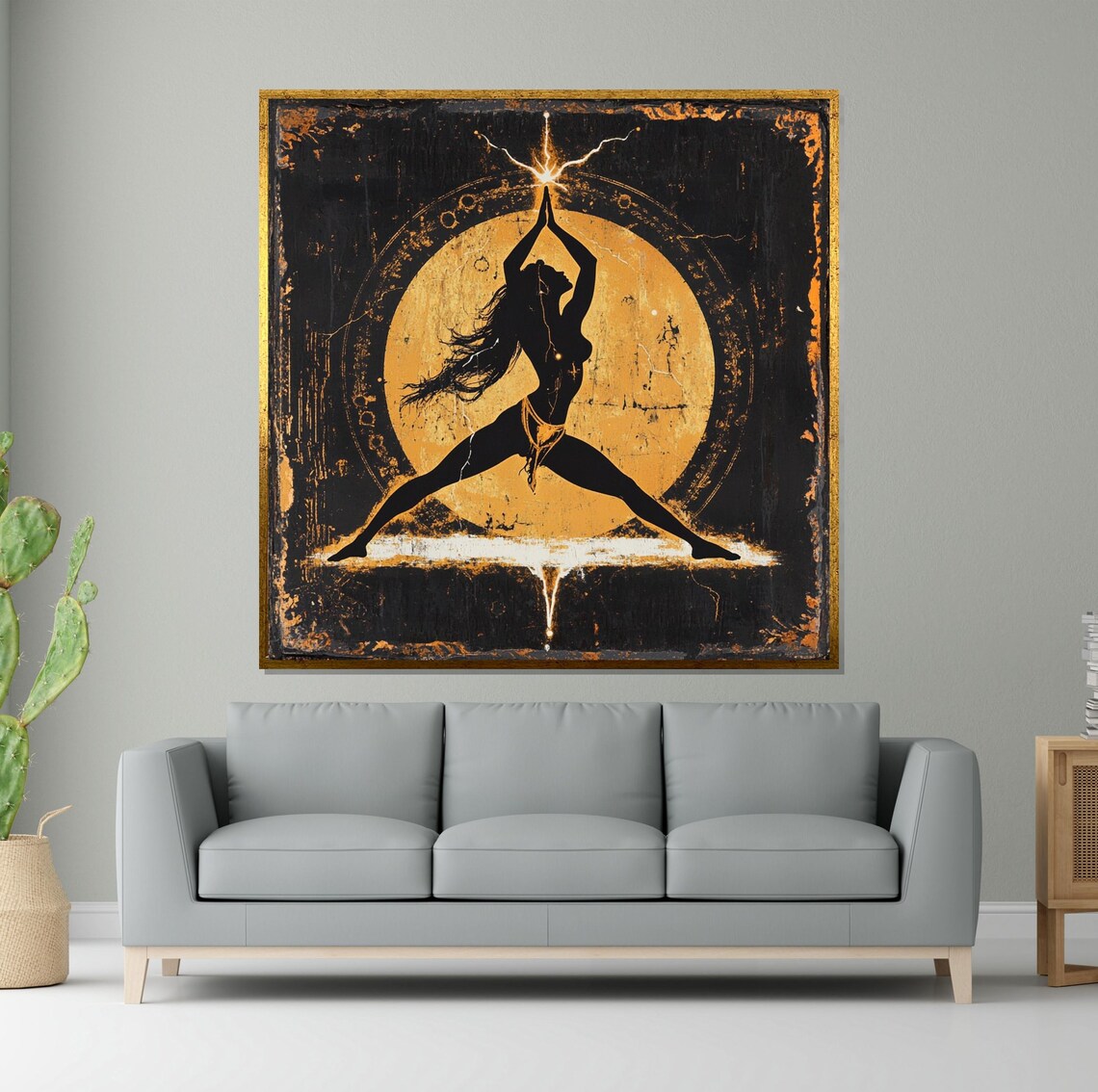 Warrior Woman Silhouette Golden Moon Lightning Black Gold Poster