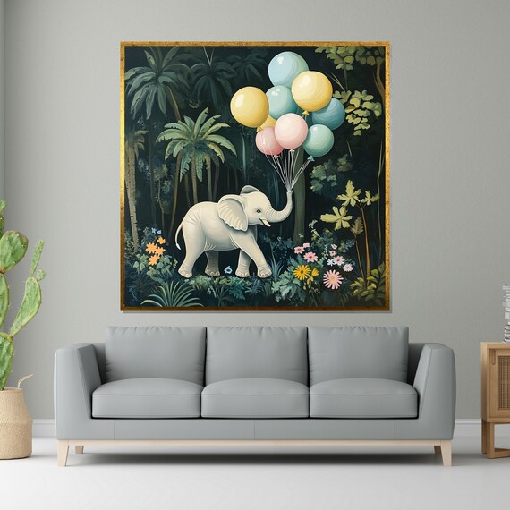 Baby Elephant Balloons Jungle Whimsical Nursery Animal Art Poster