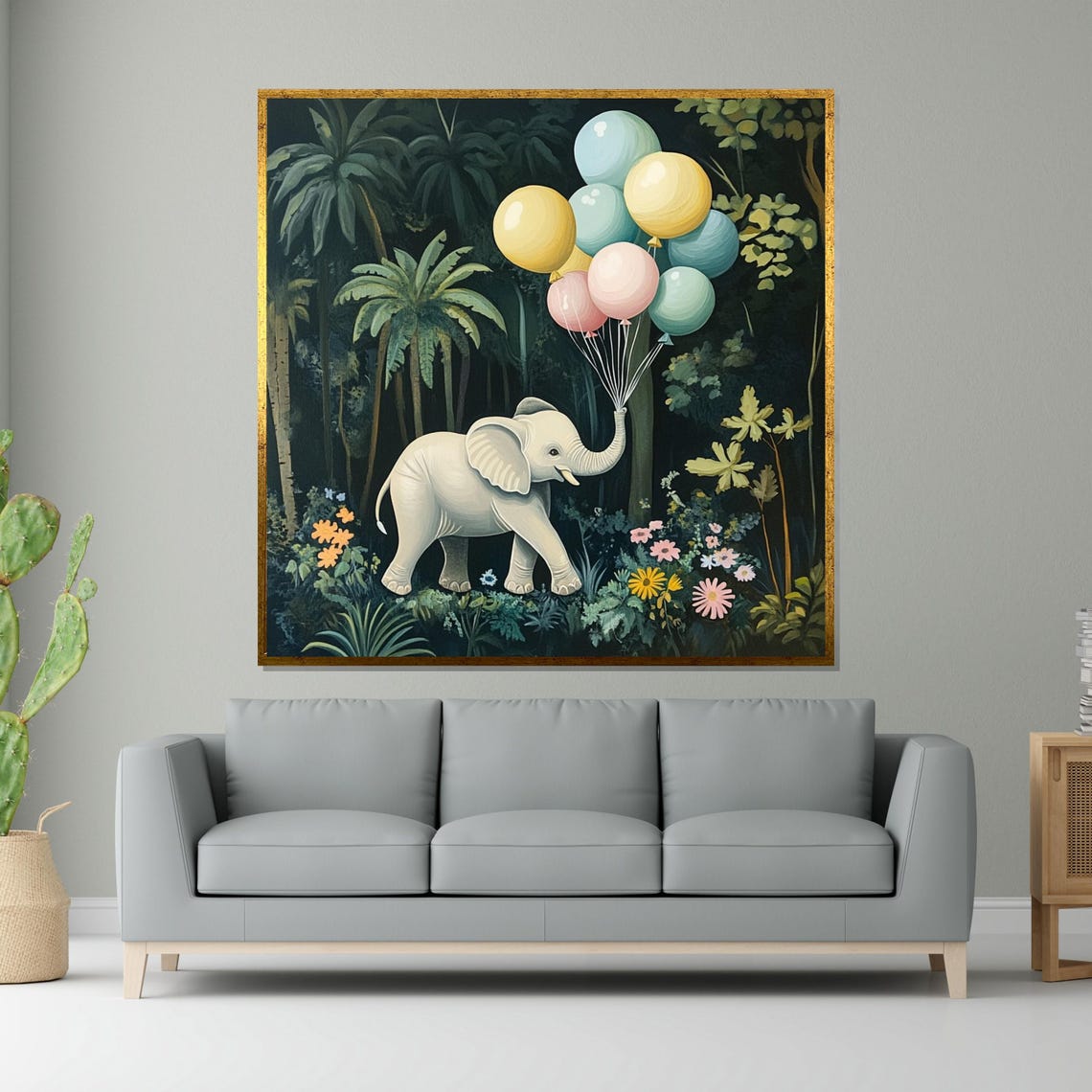 Baby Elephant Balloons Jungle Whimsical Nursery Animal Art Poster