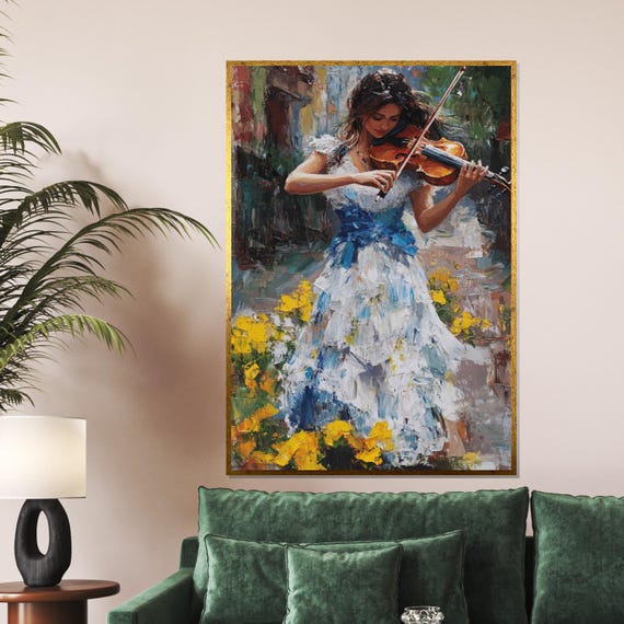 Violinist In Blossoms Music Art Print Impressionist Wall Art Violin Painting Design Ready To Hang Decoration