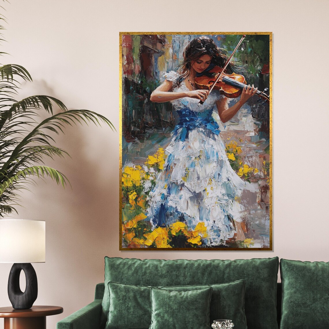 Woman Street Violinist In Blue Dress Among Yellow Blooms Poster