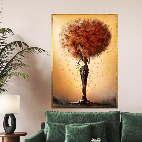 Tree Woman with Autumn Leaf Canopy Surreal Nature Spirit Art Poster