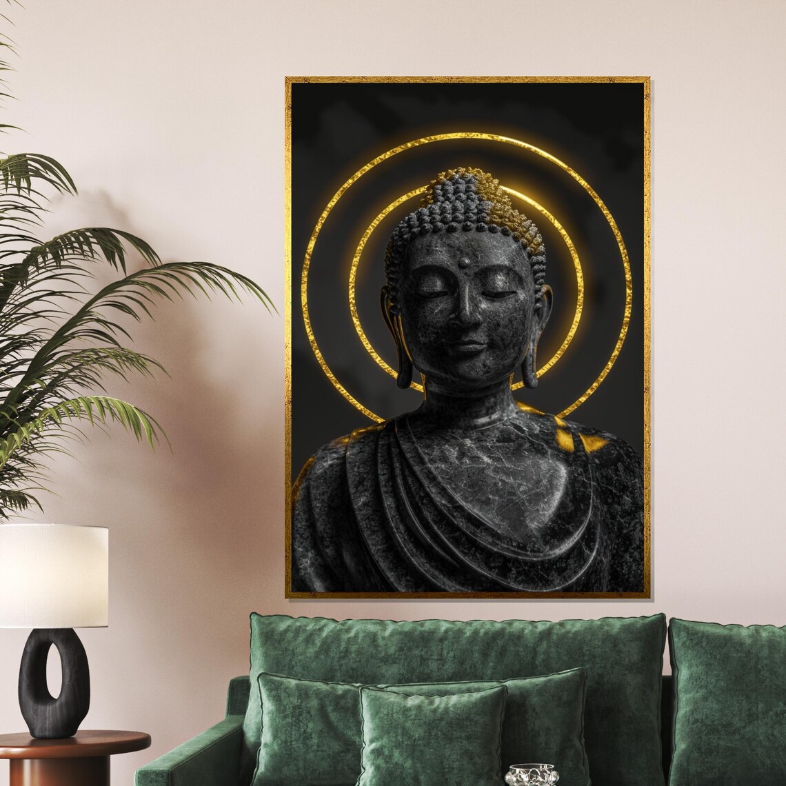 Black Buddha Bust Gold Halo Rings Luxury Meditation Poster Art