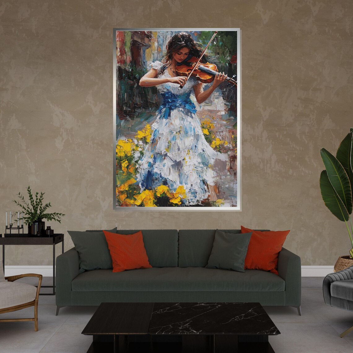 Woman Street Violinist In Blue Dress Among Yellow Blooms Poster - Image 4