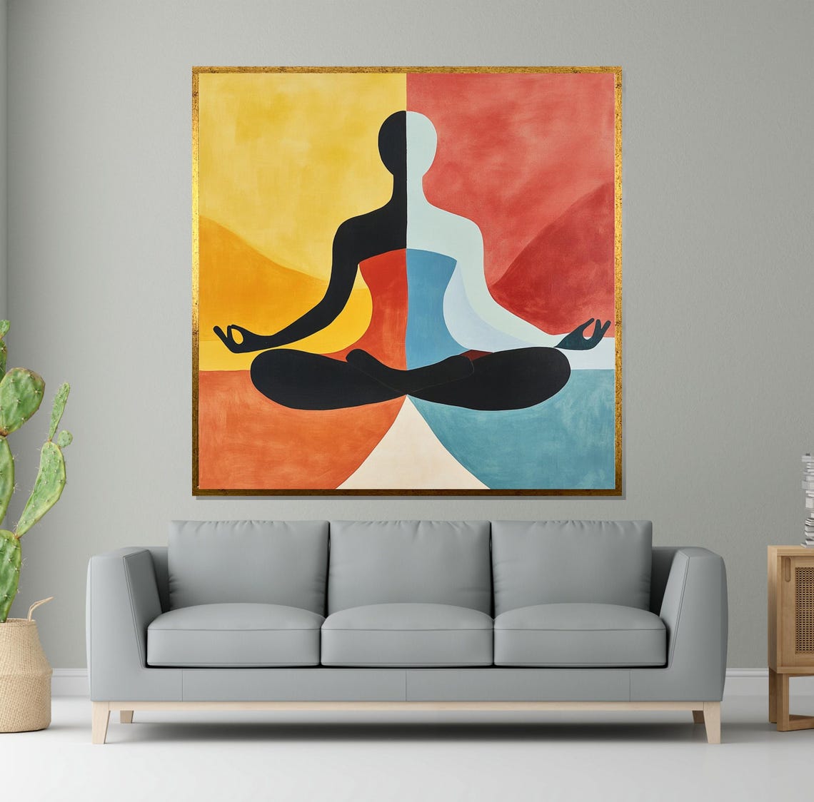 Split Black White Meditating Figure Colorful Abstract Art Poster