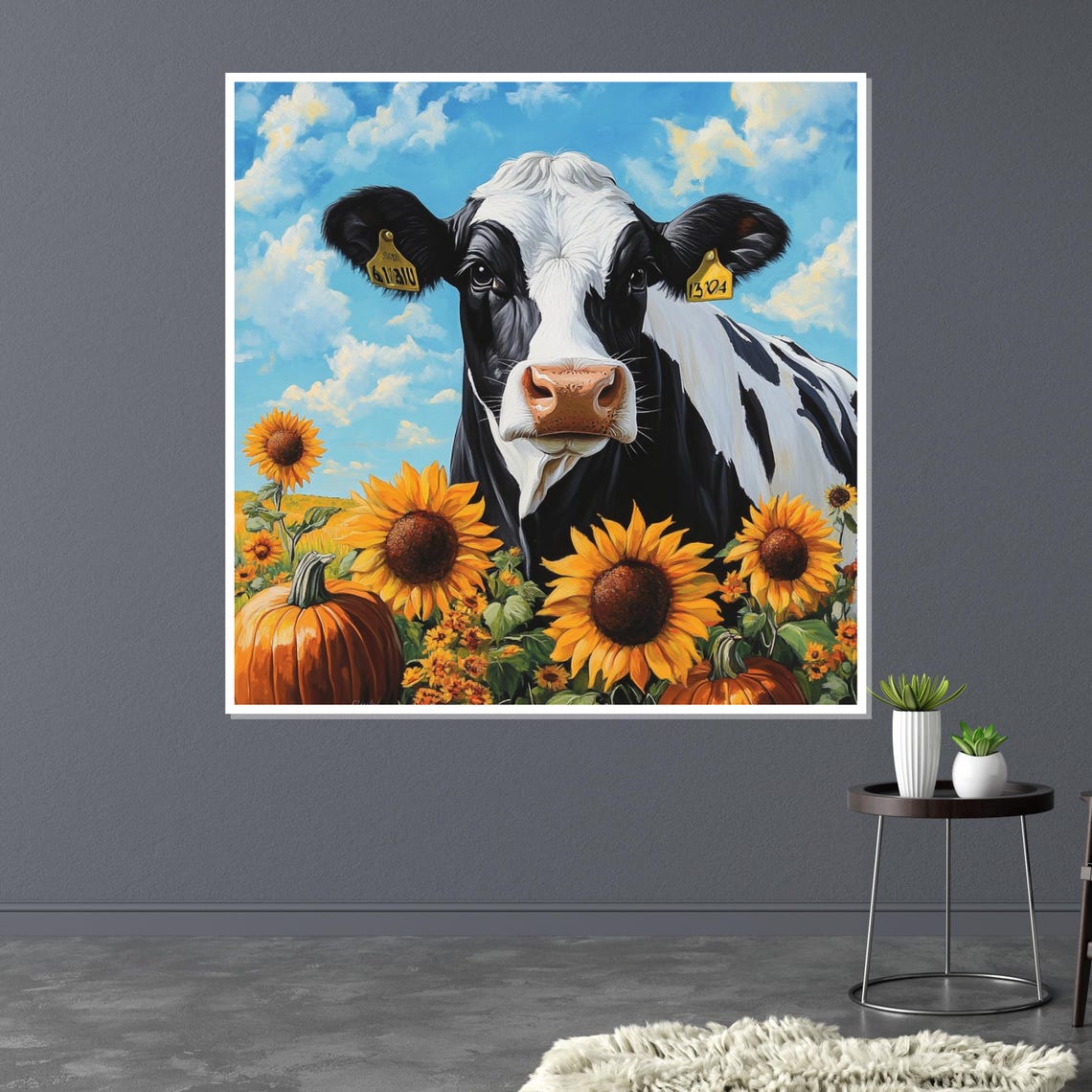 Cow Sunflowers Pumpkins Cheerful Farm Harvest Fall Art Poster - Image 3