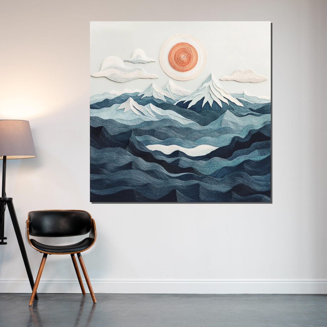 Stitched Blue Mountain Peaks Embroidered Thread Landscape Poster - Image 2