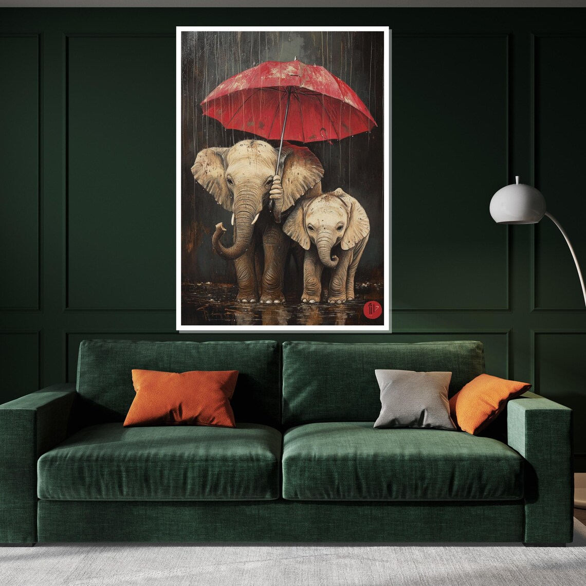 Mother and Baby Elephant with Red Umbrella Rainy Day Art Poster - Image 3