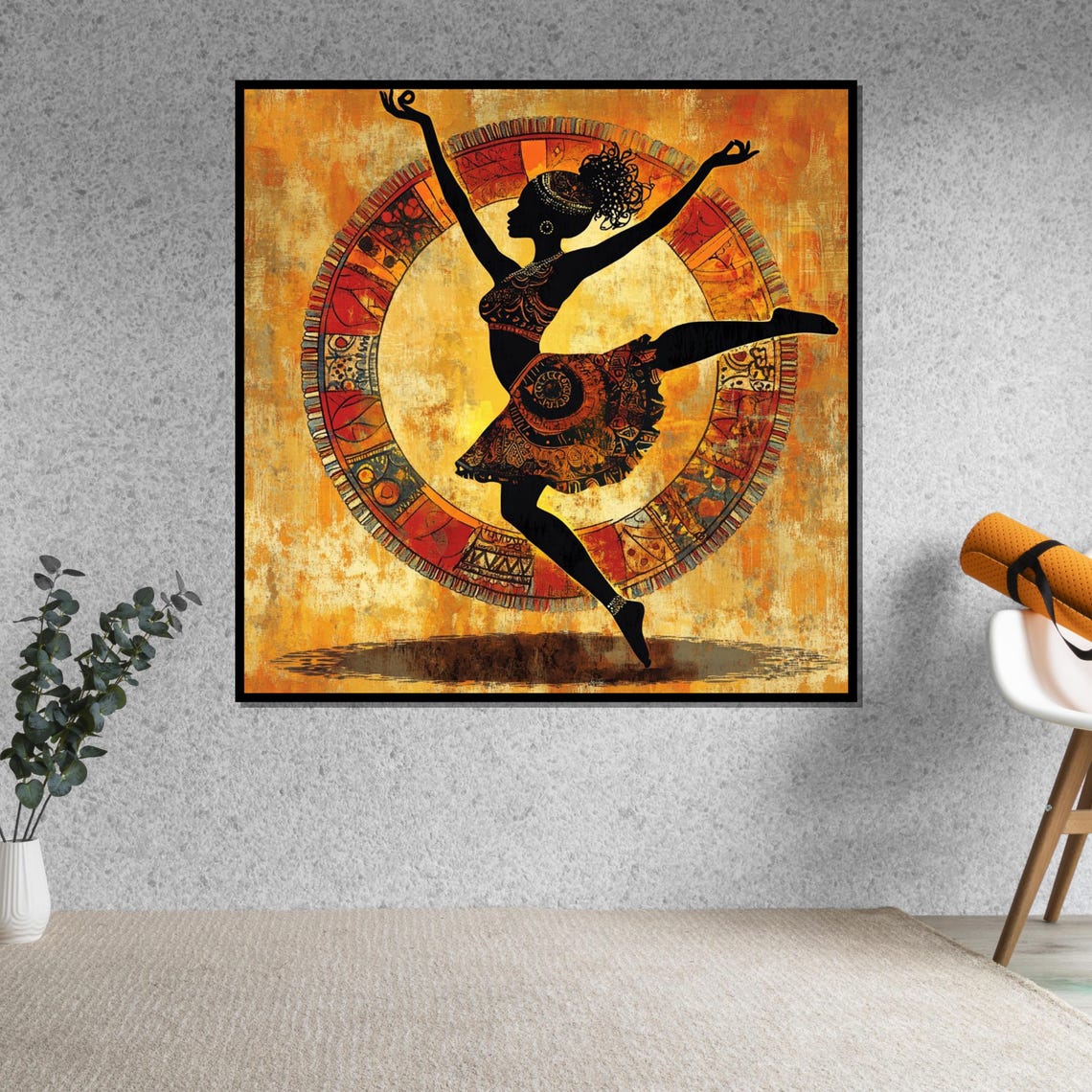 African Dancer Silhouette with Tribal Circle Golden Art Poster - Image 5