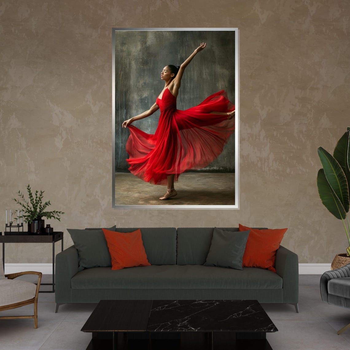 Woman Crimson Gown Mid Leap Dark Dramatic Motion Stage Poster - Image 4