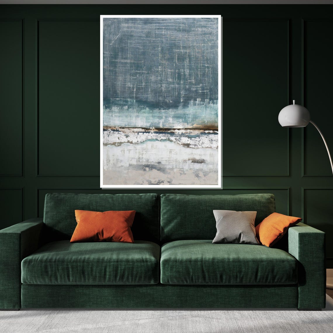 Dark Teal Ocean Horizon Misty Seascape Textured Moody Wall Art - Image 3