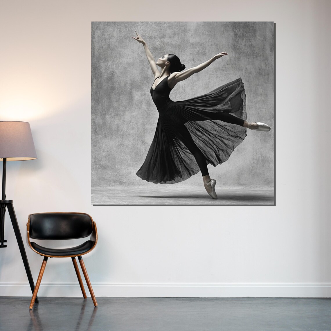 Ballerina in Black Dress Mid-Leap Elegant Monochrome Photo Poster - Image 2