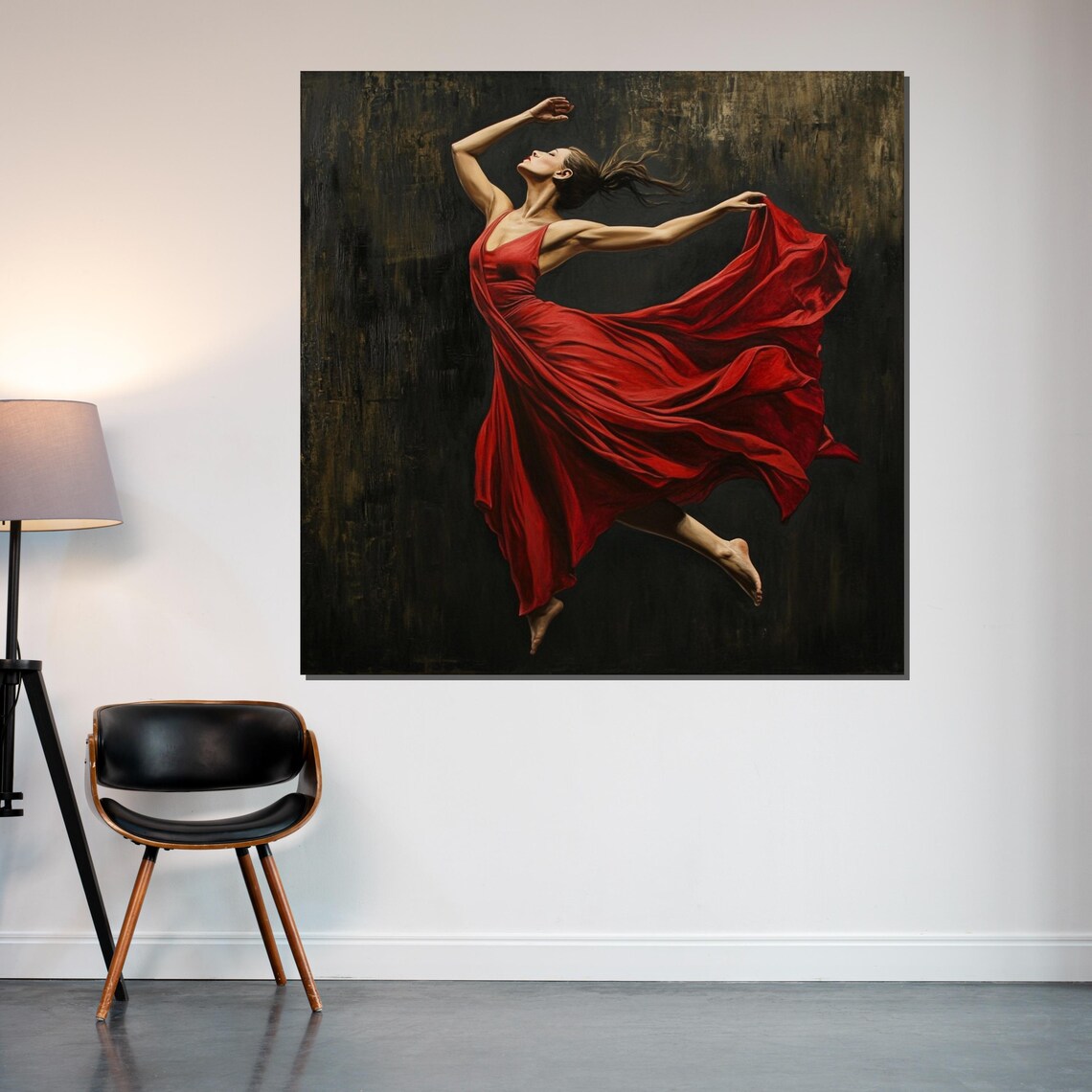 Woman Flowing Red Dress Twirling Dark Stage Motion Art Poster - Image 2