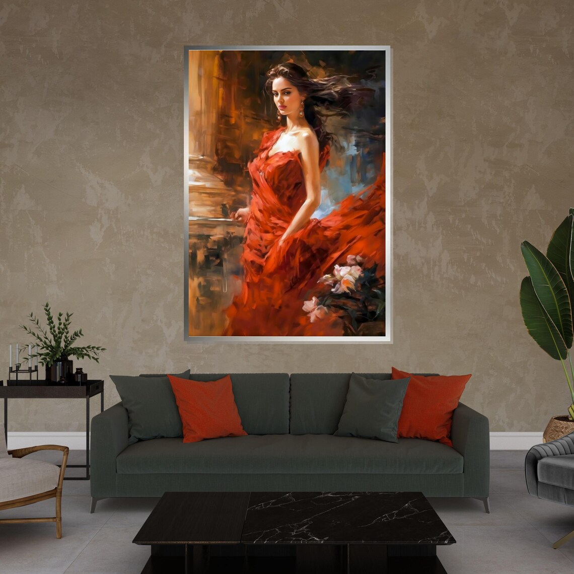 Woman in Flowing Red Gown Painterly Romantic Portrait Poster - Image 4