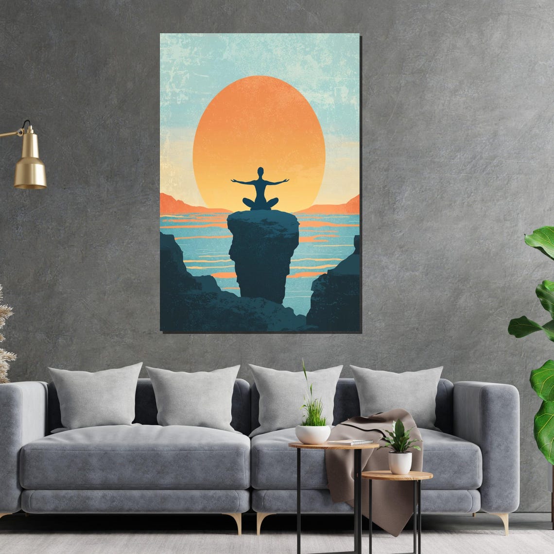 Meditator Silhouette on Cliff at Sunset Over Ocean Art Poster - Image 2