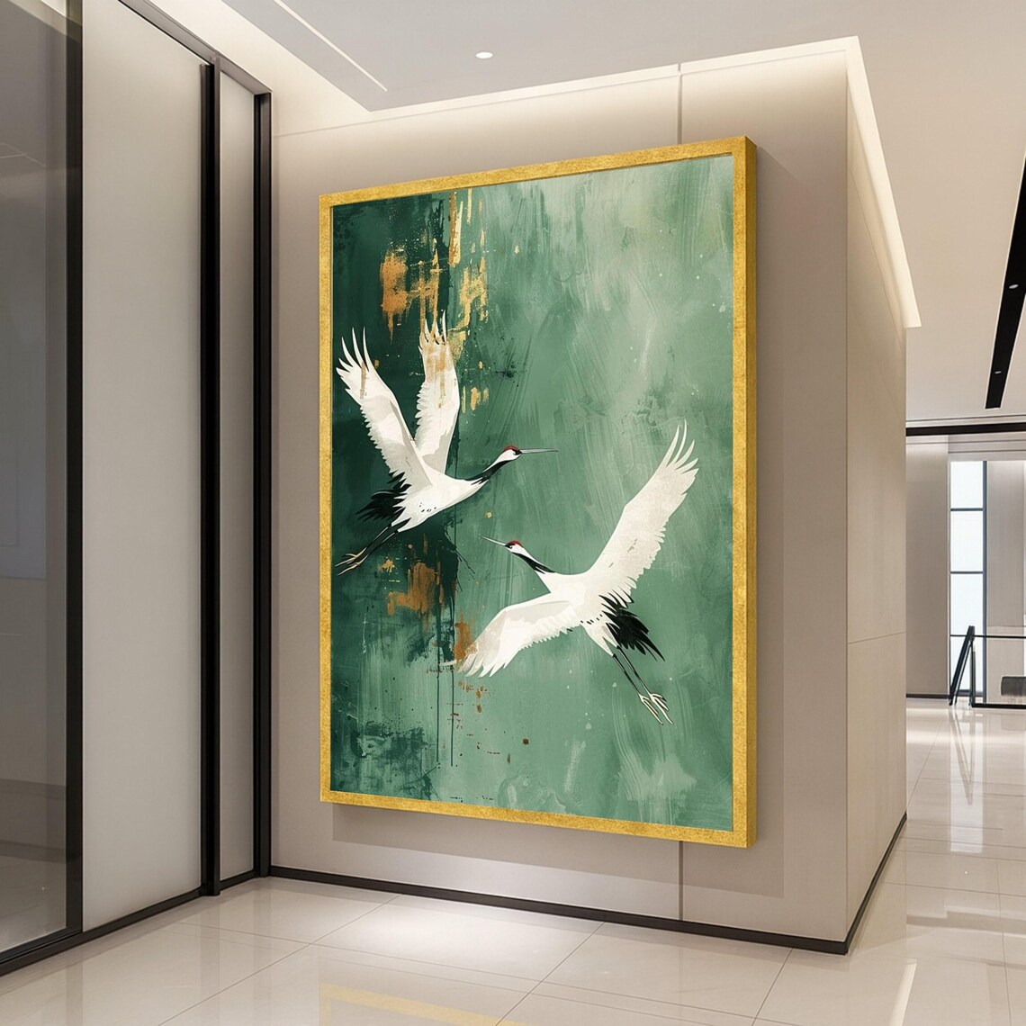 Flying Cranes Art Print, Modern Wildlife Wall Art