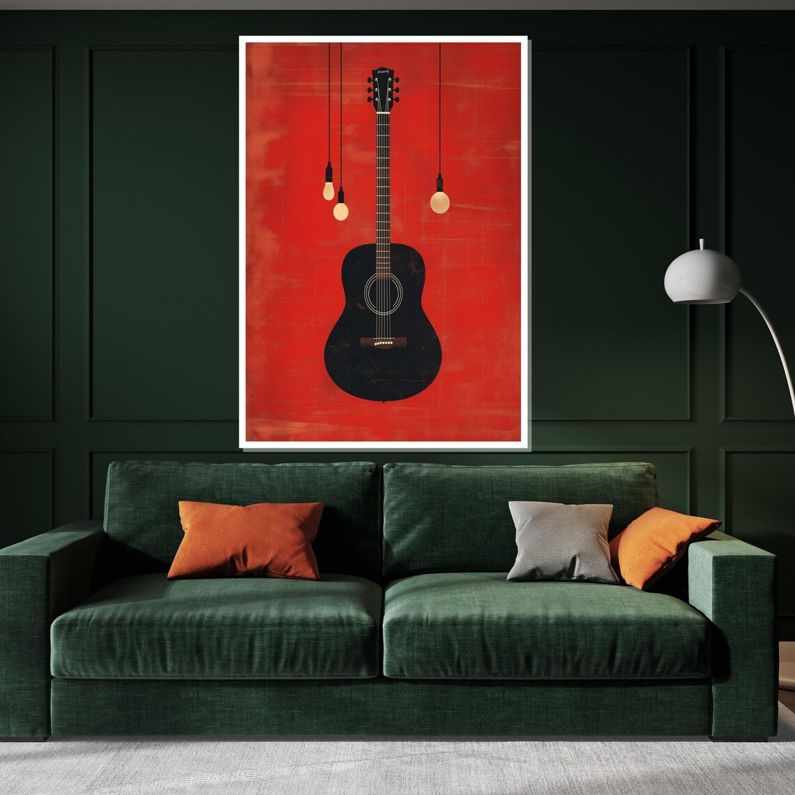 Black Acoustic Guitar on Bold Red Background Music Room Poster - Image 3