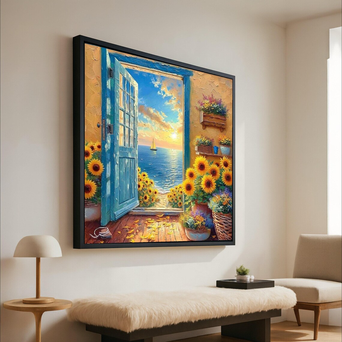 Blue Door Ocean View Sunflower Bloom Seaside Coastal Wall Art