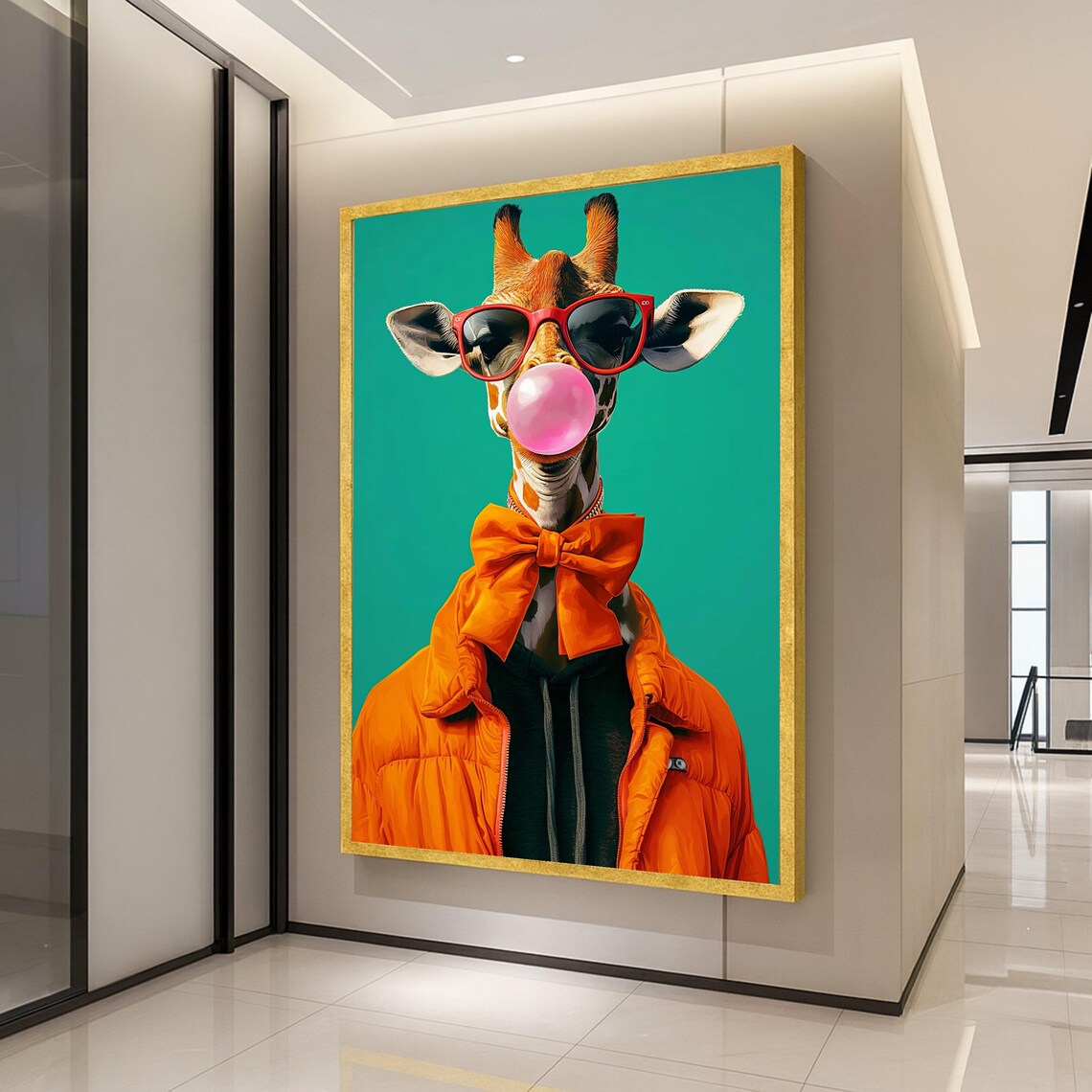 Cool Giraffe With Bubblegum Orange Bow Tie, Animal Art Print