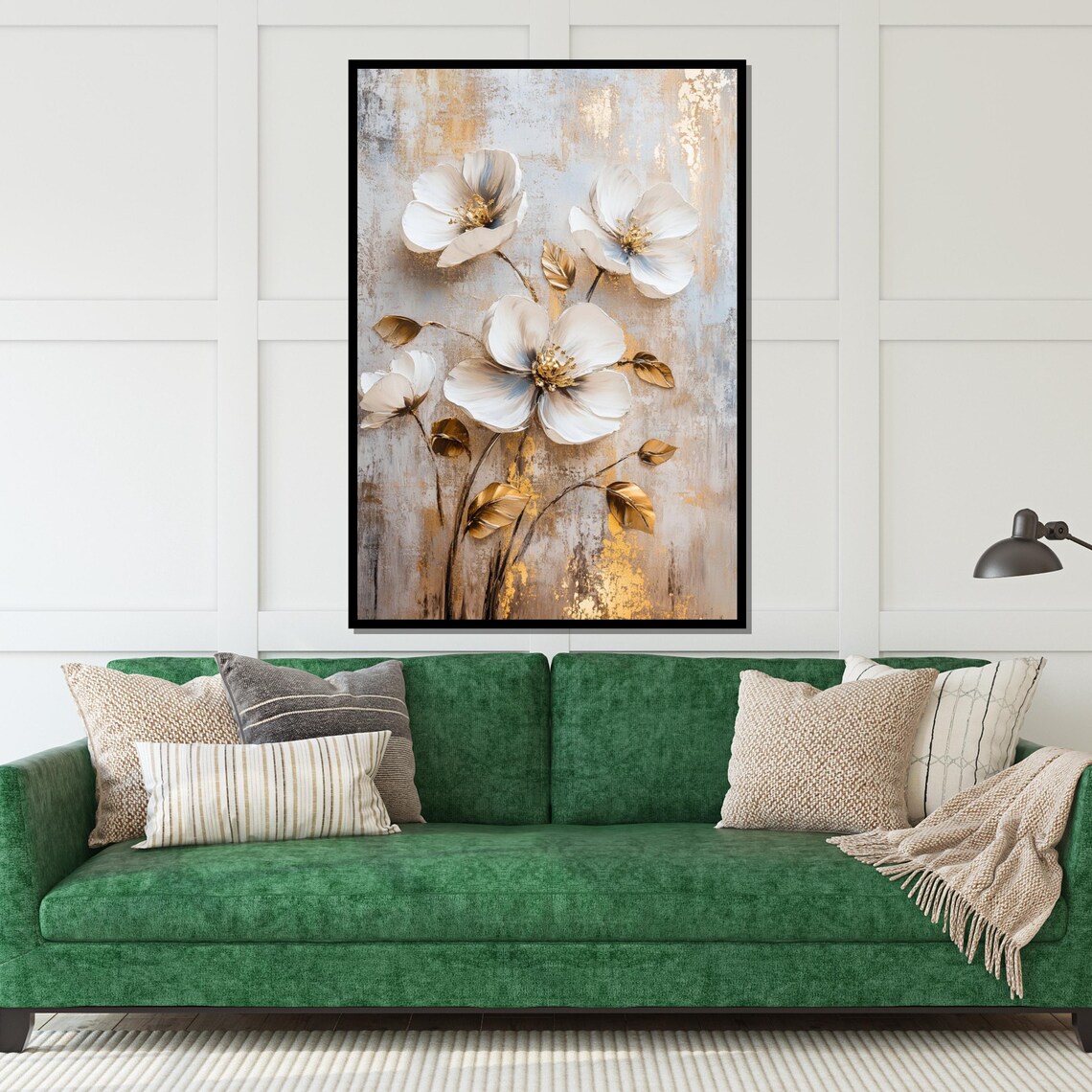 White Magnolia Golden Leaves Beige Background Elegant Art Poster - Image 5
