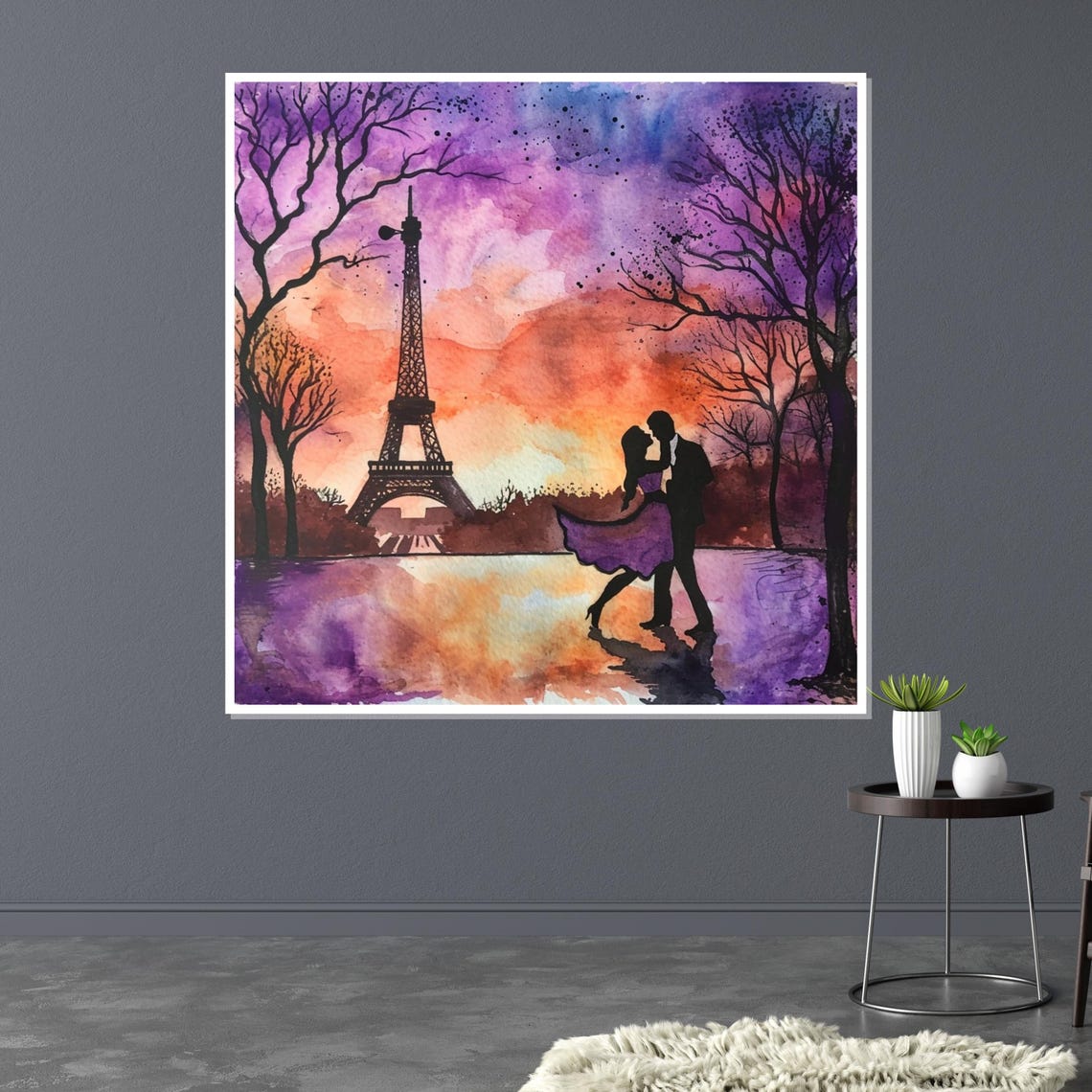 Paris Lovers Eiffel Tower Sunset Watercolor Romantic Kiss Poster - Image 3