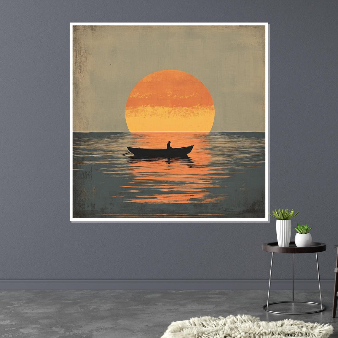 Lone Fisherman Rowboat Under Giant Orange Sun Minimalist Poster - Image 3