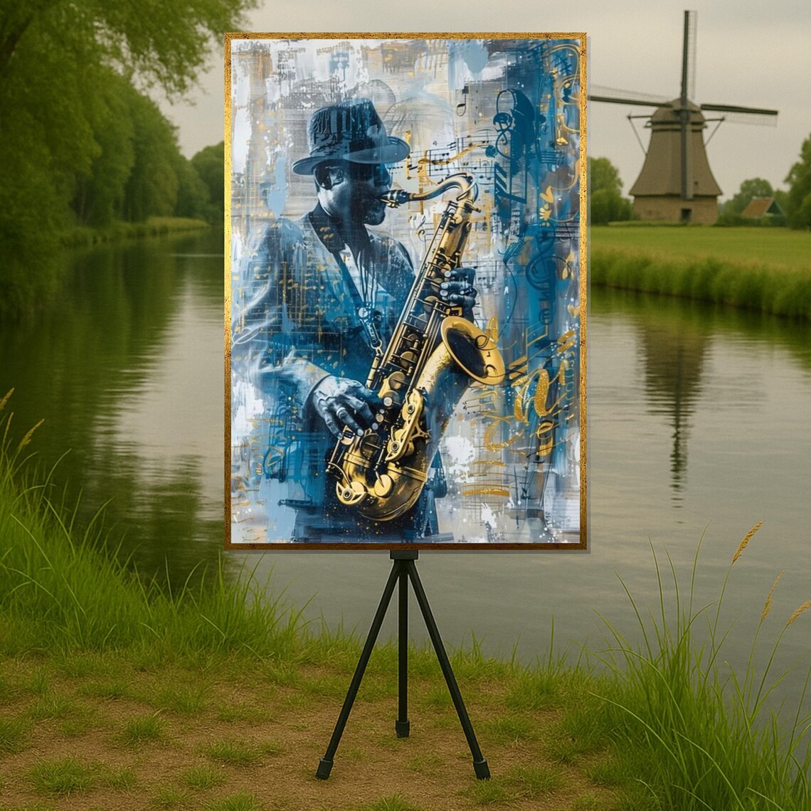 Jazz Saxophonist In Blue And Gold Musician Painting Wall Art
