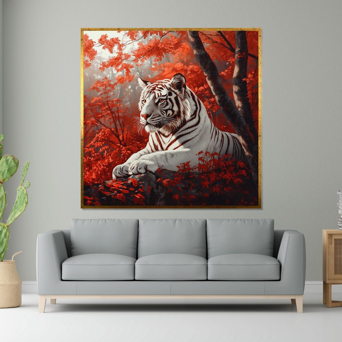 White Tiger Resting Red Autumn Forest Regal Big Cat Art Poster