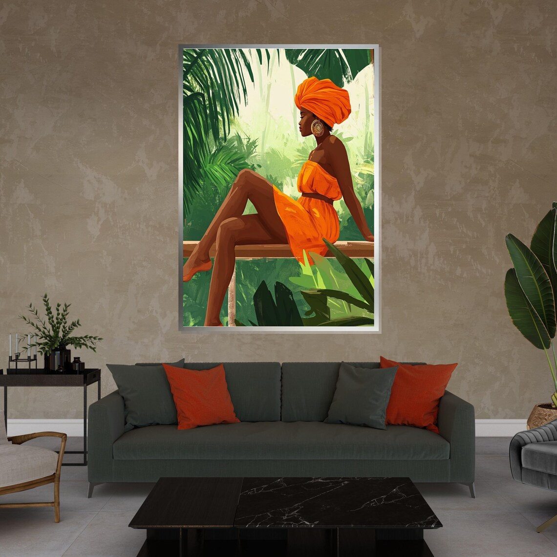 African Woman Orange Dress Headwrap Tropical Jungle Beauty Wall Art - Image 4