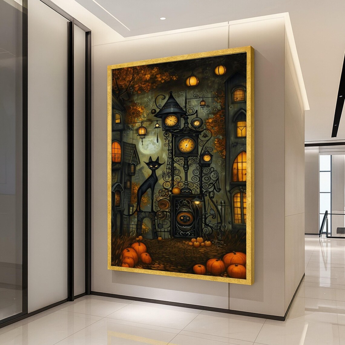Halloween Village, Pumpkin Decor Art Print