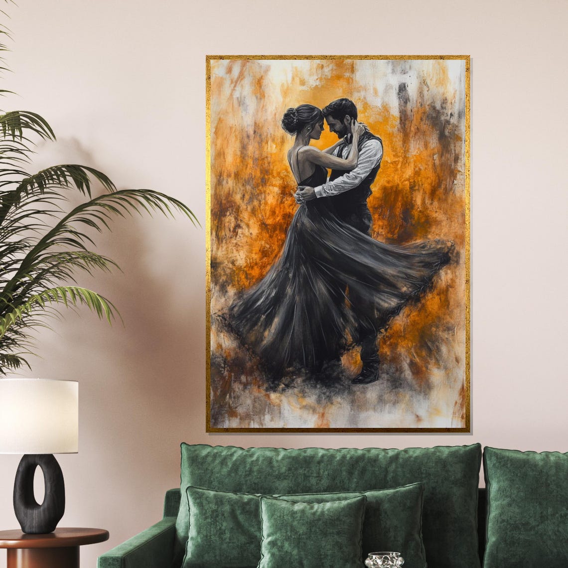 Romantic Dance Couple Black Gown Fiery Orange Canvas Art Poster