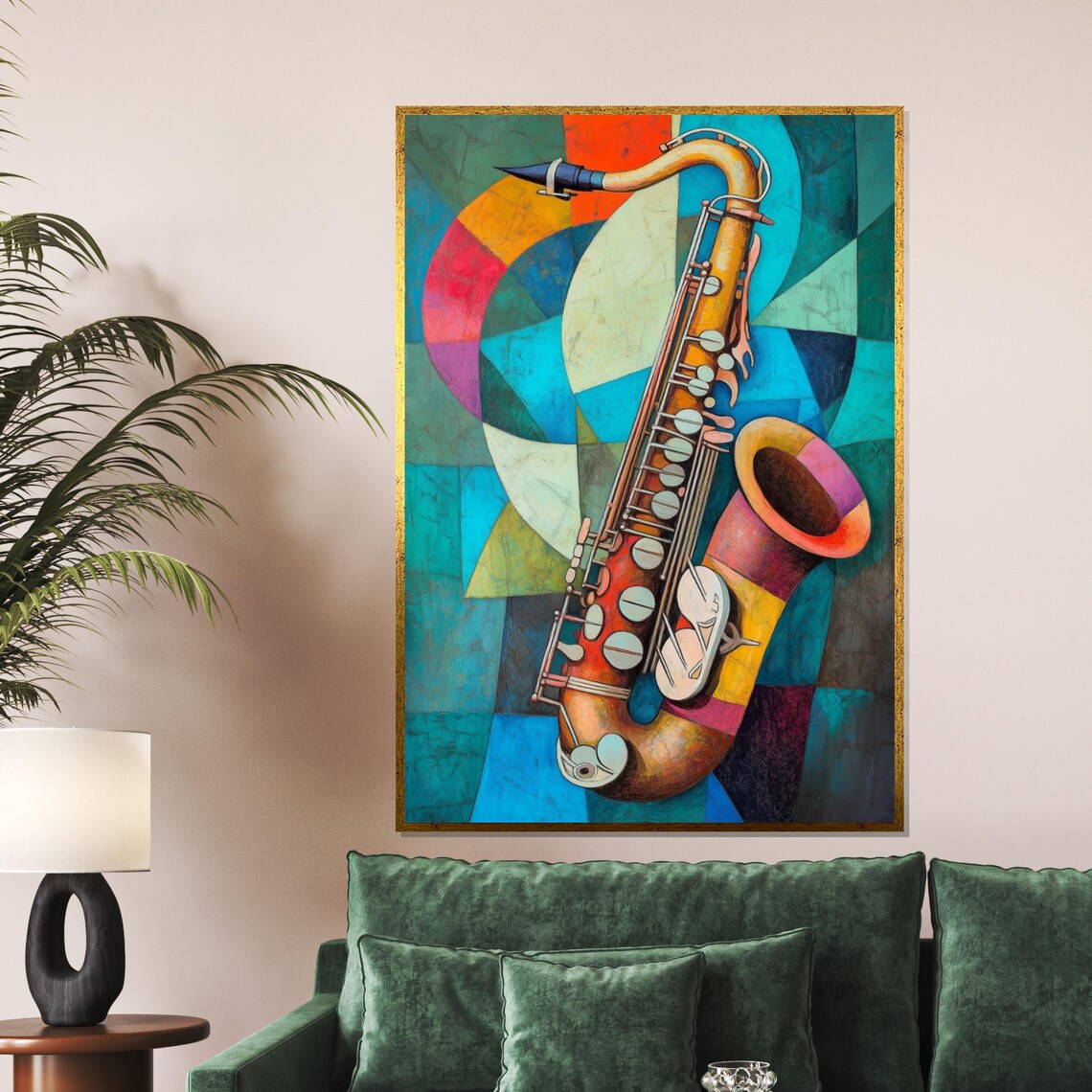 Colorful Cubist Saxophone Teal Gold Geometric Bold Modern Jazz Poster