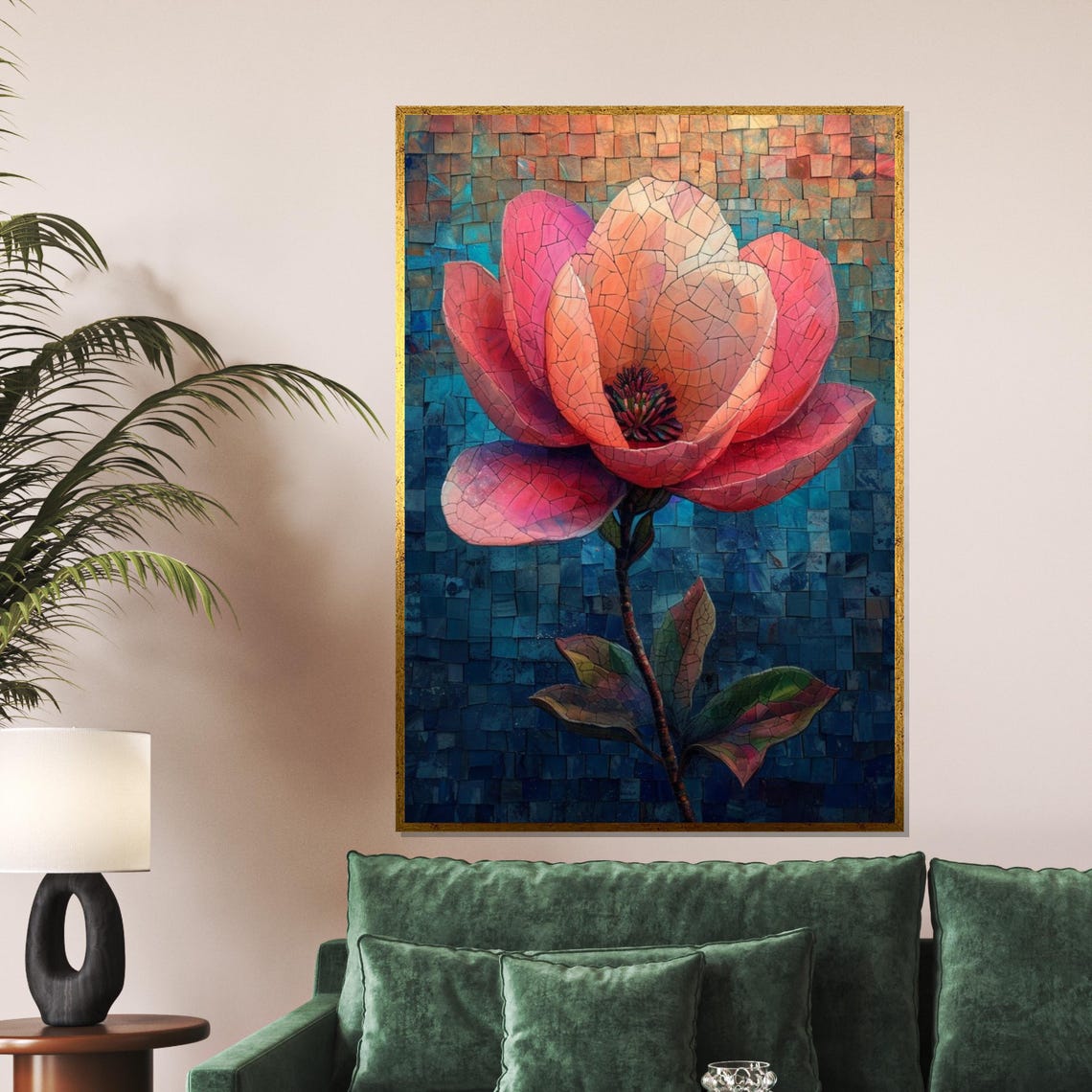 Pink Magnolia Mosaic Art Blue Background Floral Design Poster