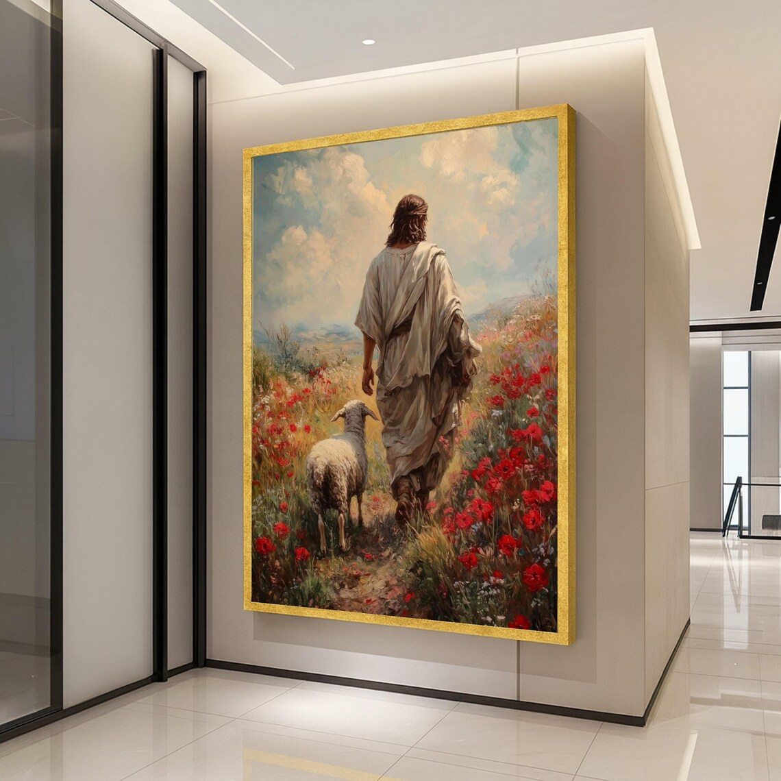 Jesus the Good Shepherd Poppy Field Lamb Christian Painting Wall Art