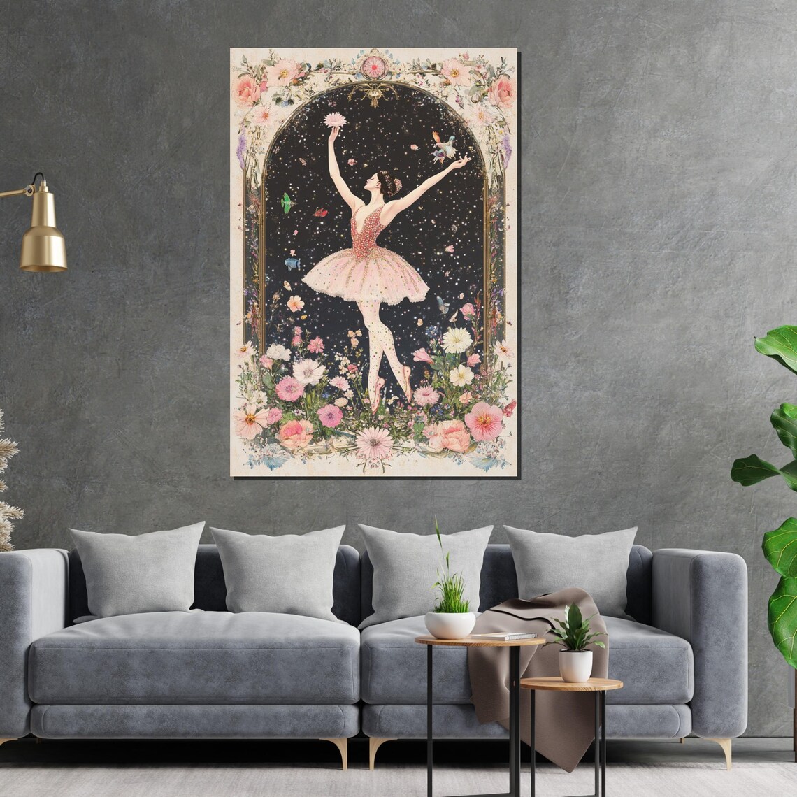 Pink Tutu Ballerina in a Floral Arch Under Starry Night Art Poster - Image 2