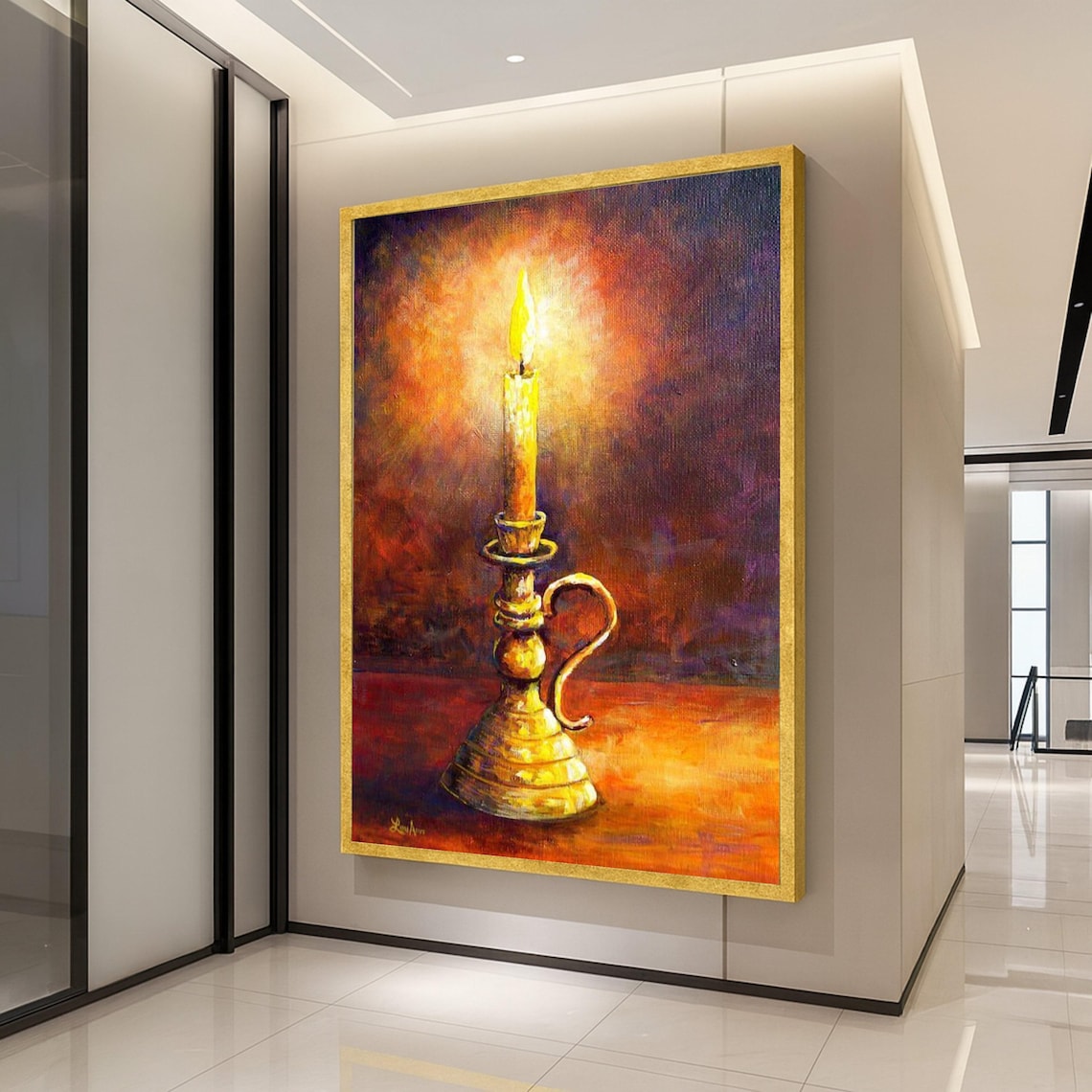 Glowing Candle on Brass Candlestick Warm Still Life Art Poster