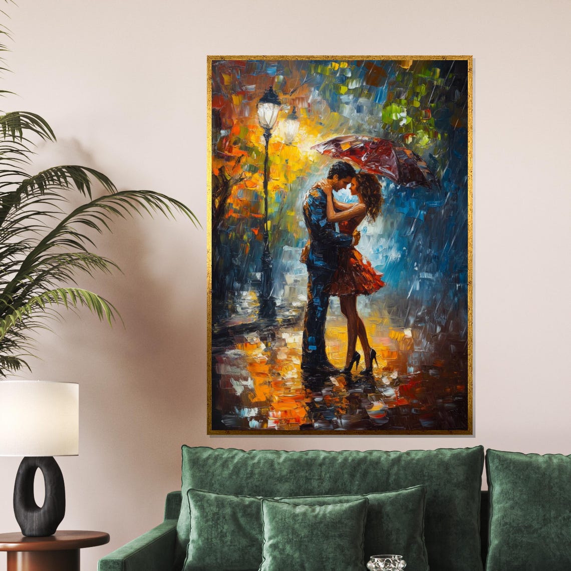 Lovers Under Red Umbrella Rainy Night Impressionist Love Poster