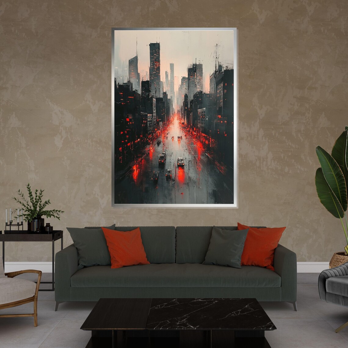 Moody Rainy City Street at Night With Red Lights Cityscape Poster - Image 4
