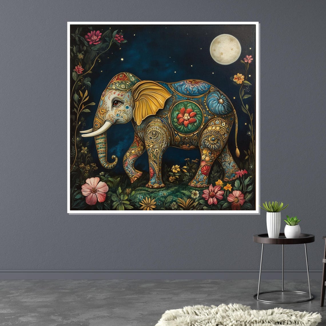 Ornate Floral Elephant under Moonlight Boho Indian Style Art Poster - Image 3