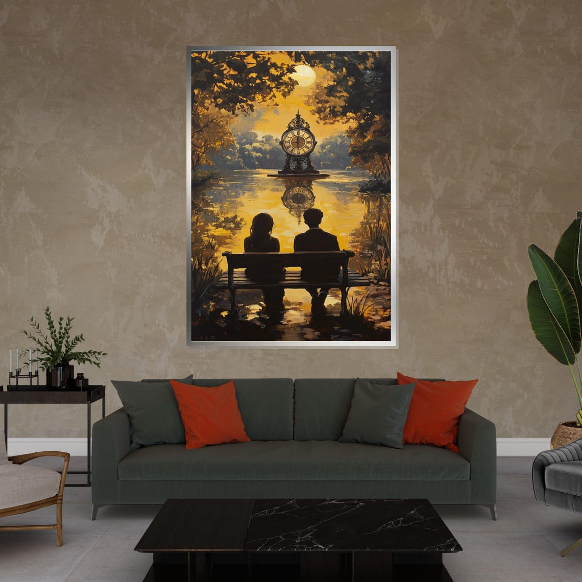 Romantic Couple Watching Golden Clock on Lake Dreamy Sunset Poster - Image 4