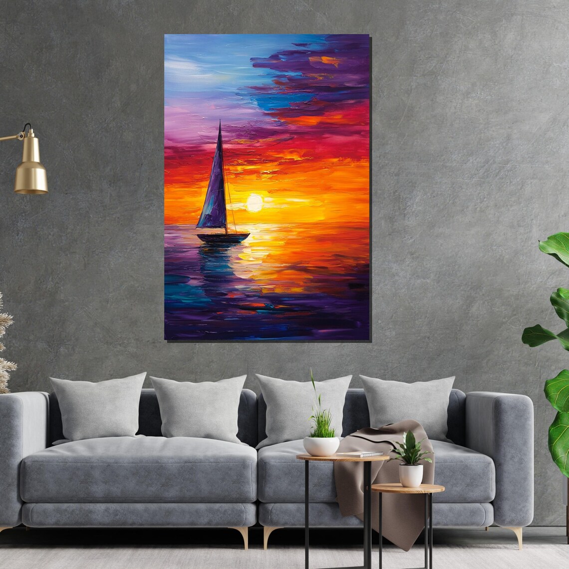 Solitary Sailboat at Vibrant Sunset Purple Orange Ocean Poster - Image 2
