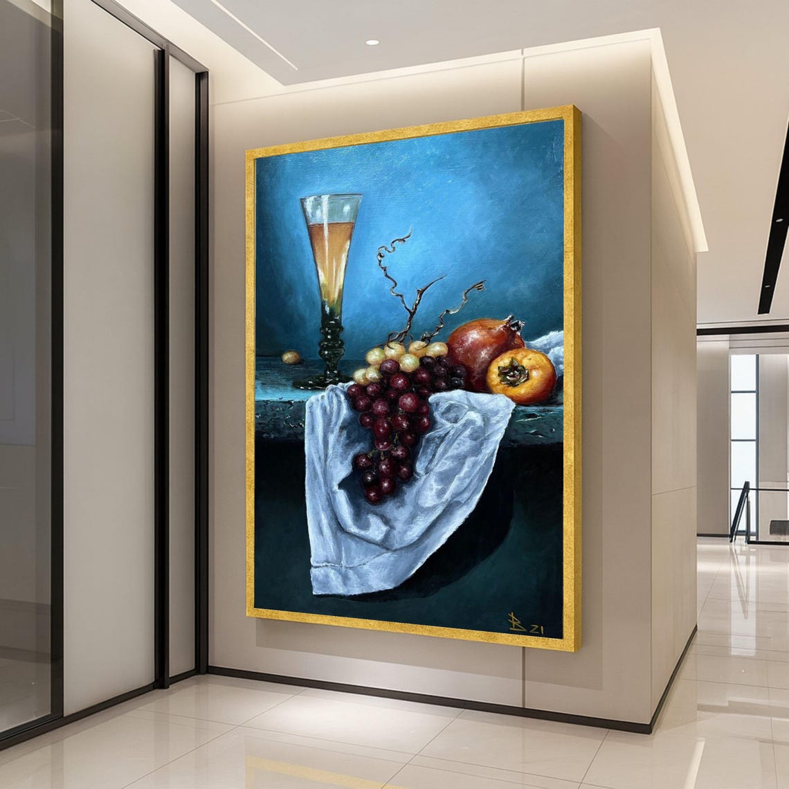 Classic Still Life Grapes Pomegranate Champagne Glass Fruit Poster