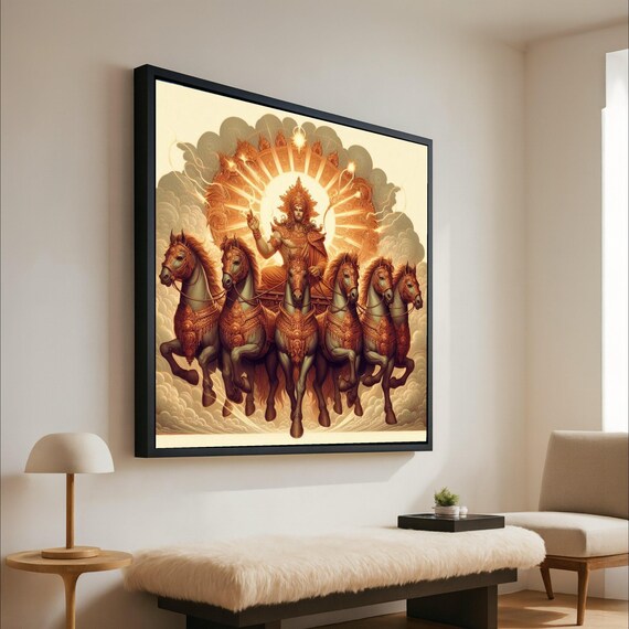 Hindu Sun God Surya Chariot Canvas Mythological Wall Art Divine Horses Ride Painting Spiritual Home Decor Ready To Hang