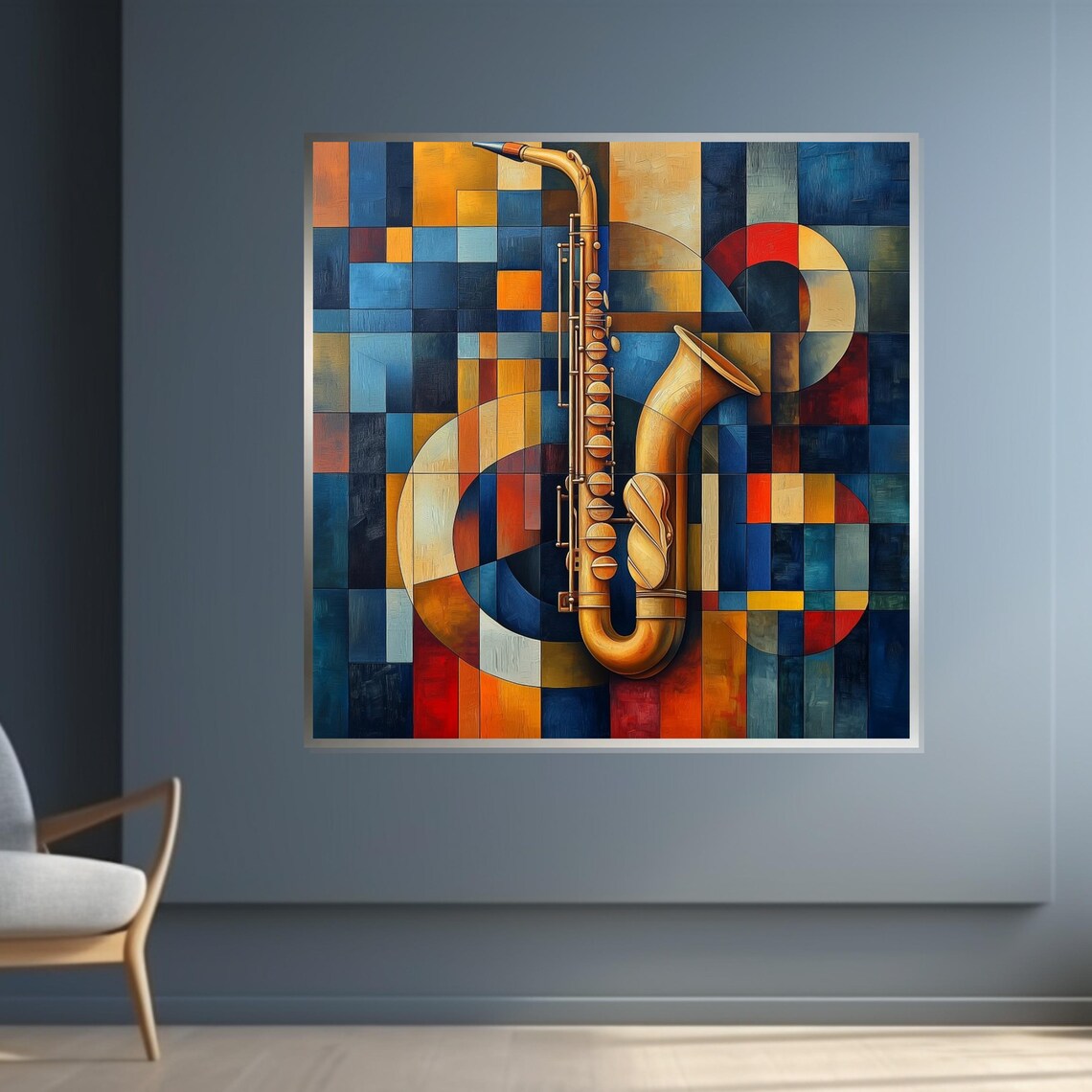 Geometric Mosaic Golden Saxophone Bold Blue Orange Jazz Poster - Image 4