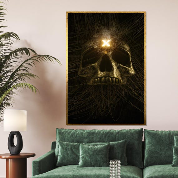 Golden Skull Skull Art Print Dark Wall Art Illuminated Skull Poster Wall Art Design Ready To Hang Decoration