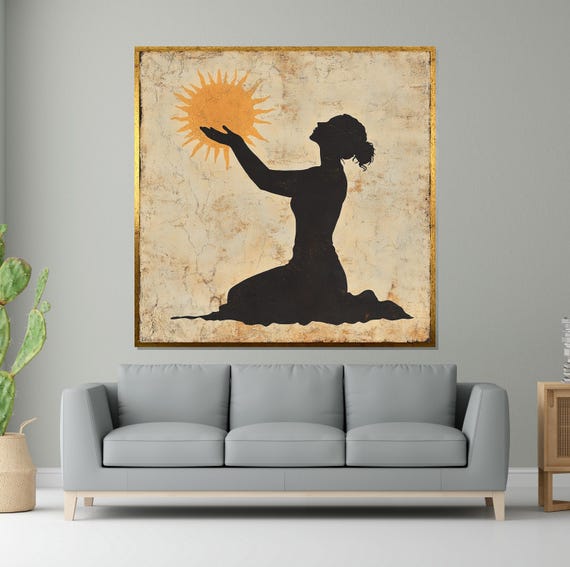 Silhouette Sun Worship Woman Holding Sun Art Spiritual Wall Art Shadow Silhouette Wall Art Design Ready To Hang